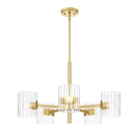 Designers Fountain Aries 5 Light Mid Century Modern Brushed Gold with Clear Ribbed Glass Shades Chandelier D284C-5CH-BG